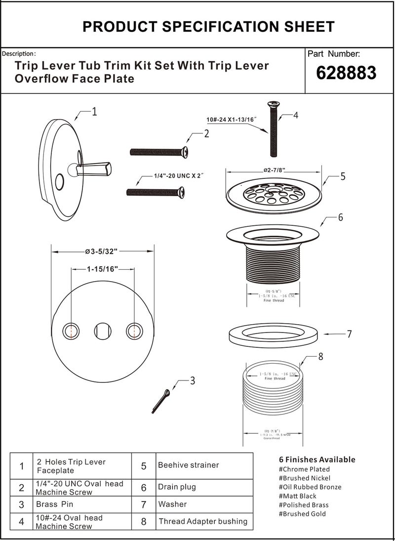 Artiwell Trip Lever Tub Trim Kit Set with Trip Lever Overflow Face Plate, Trip Lever Bathtub Drain with Strainer, Overflow and Matching Screws (CHROME PLATED) - Image 3